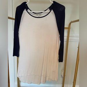 White and Navy Zenana baseball tee, 3/4 inch sleeves